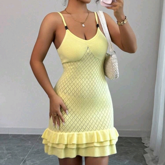 Women's Sexy & Sweet Solid Color Ruffle Beaded Decor Camisole Knit Fitted Mini D - Picture 1 of 6